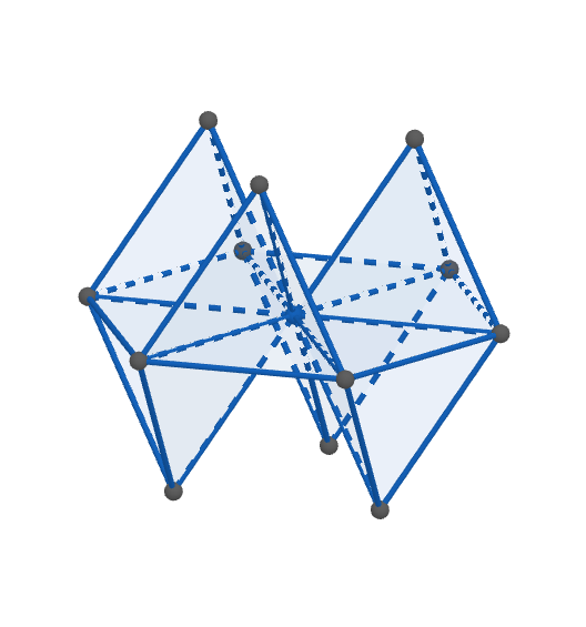 
Six of the eight tetrahedra formed by connecting equidistant points ("roots") to the origin.
Note how whole tetrahedra are reflected in a mirror axis.
